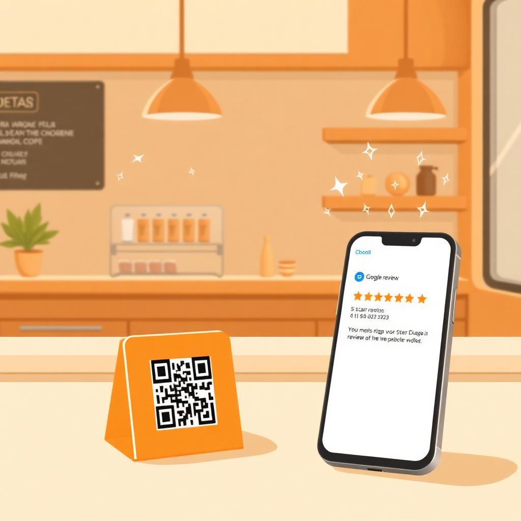 AI QR Review Generator in action — branded Google Review QR code at a café counter with a smartphone showing an AI-written 5-star Google review
